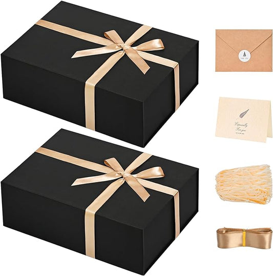 LIFELUM Magnetic Gift Boxes 2 Pack 13.5 x 10 x 4 Elegant Graduation Gift Boxes for Presents Groomsmen Box with Ribbon, Card, Shredded Paper Filler