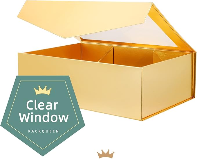 PACKQUEEN Large Gold Christmas Gift Box with Window, 13.5x9x4.1 Inches Clear Gift Box for Present Contains Ribbon, Card, Bridesmaid Proposal Box with Magnetic Lid (Glossy Gold)