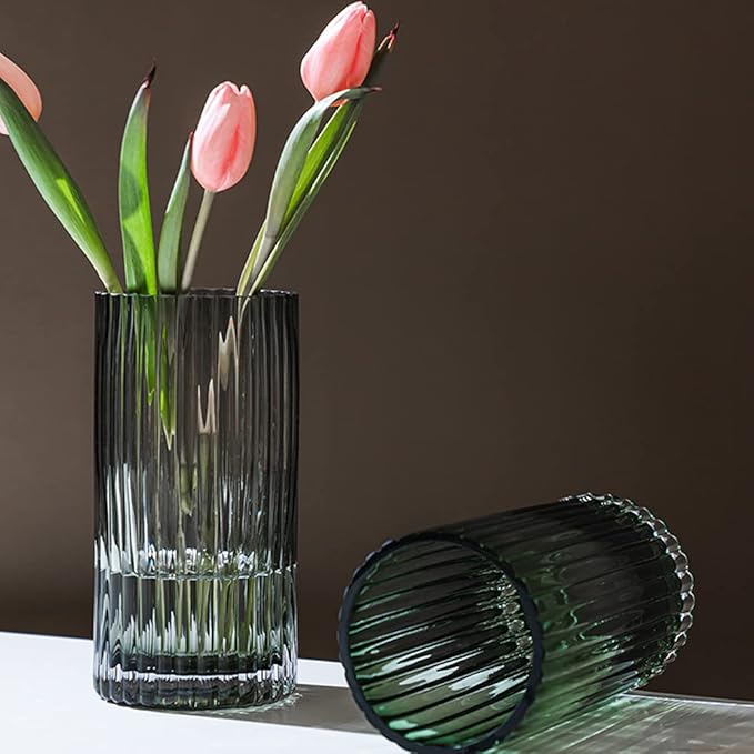 Muyan 7.5" Flower Vase for Decor Ribbed Glass Vase Modern for Centerpieces Desktop Home Office Dining Living Room Wedding (Gray)