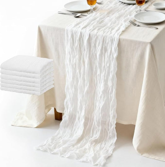Suream Cheese Cloth Table Runner 120 Inch, White Long Table Runner for Wedding Party Baby Shower Birthday Home Decorations(6 Packs)