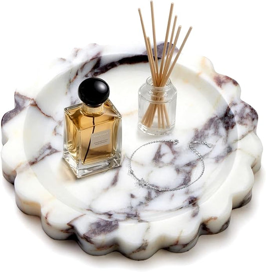 Calacatta Viola Scalloped Marble Tray, Natural Marble Jewelry Dish, Luxury Decorative Trays for Bathroom, Vanity, Dresser, Kitchen & Home Decor, House Warming Gifts New Home (Round, 6.3Inch)