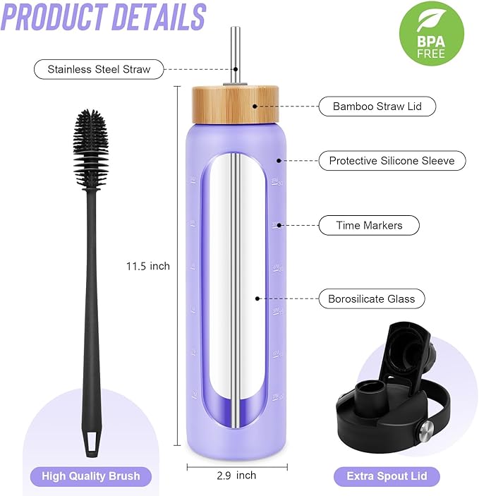 25 oz Glass Water Bottles - Motivational Tumbler With Time Marker - Borosilicate Glass With Silicone Sleeve and 2 Lids, Handle Spout & Bamboo Straw Lid (Purple)