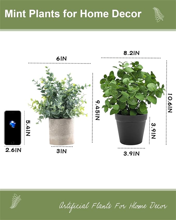 Small Fake Plants Mint Artificial Potted Plants for Home Office Bathroom Shelf Farmhouse Coffee Table Decor (Green)