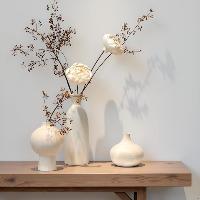 White Ceramic Vase Set of 3 with Stone Texture, Modern Minimalist Pottery Vases for Dried Flowers, Pampas Grass, Rustic Farmhouse & Aesthetic Home Decor for Living Room, Bedroom, Kitchen