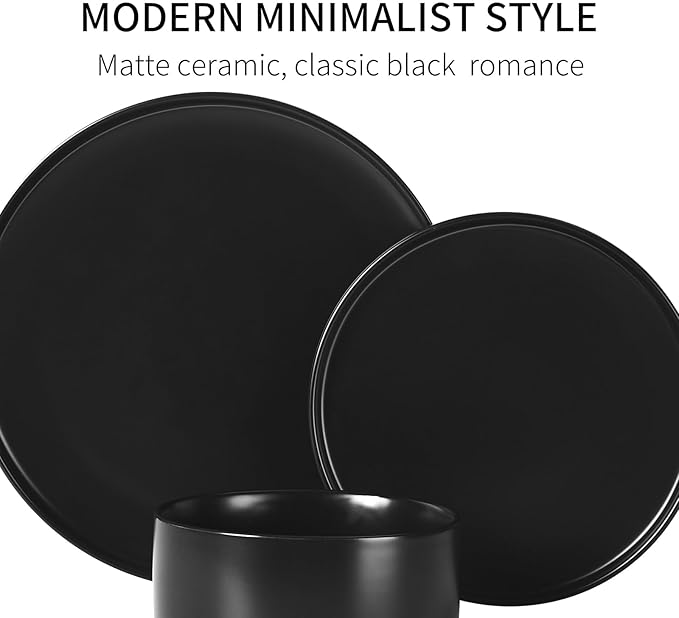 GZG Classic Series - Plates and Bowls Set for 4, 12 Piece Stoneware Dinnerware Sets, Microwave and Dishwasher Safe Lead-Free Handcrafted Ceramic Dishes Set - Matte Black