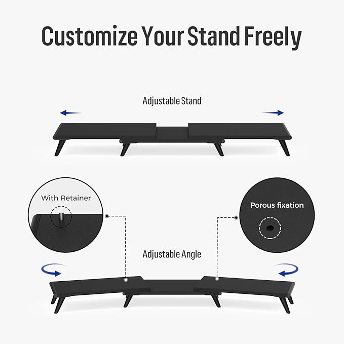 loukin Dual Monitor Stand Riser for Desk, 43.6"*8.2"*3.2" Large Computer Stand for 2 Monitors, Laptop, Printer, Length and Angle Adjustable Computer Shelf, Home Office,Max 43.6" Length(Black)
