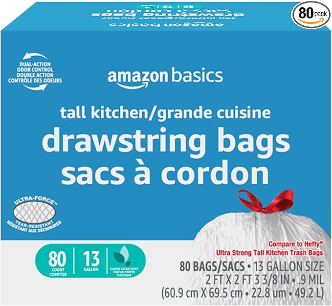 Amazon Basics Ultra-Force Tall Kitchen Drawstring Trash Bags, Classic Clean Scented, 13 Gallon, 80 Count, Pack of 1