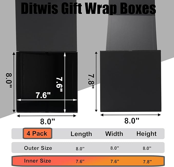 Ditwis 4 Pack 8x8x8 Inches Gift Boxes with Magnetic Closure Lids, Black Magnetic Box for Wedding, Groomsmen Bridesmaid Proposal, Birthdays, Mother's Day