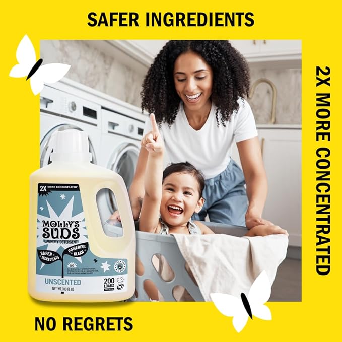 Molly's Suds Liquid Laundry Detergent | Clean Laundry Detergent Soap for Sensitive Skin | 2x Concentrated, High Efficiency (HE) (Unscented - 200 Loads)