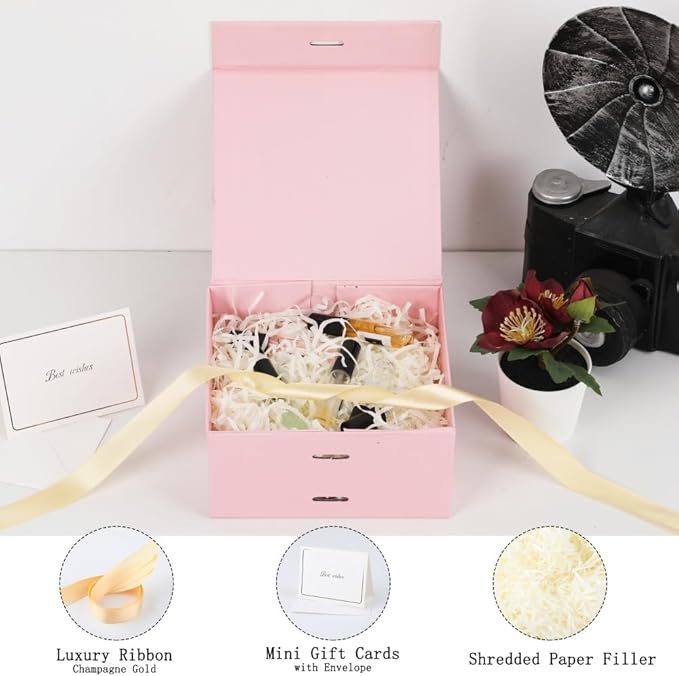 BoxSkivra Small Gift Boxes with Lids 5 Pack 6X6X3 Inch Pink Gift Box with Ribbon Foldable Gift Boxes for Presents、Bridesmaid Proposal Box、Wedding Gifts、Shredded Paper Filler & Cards