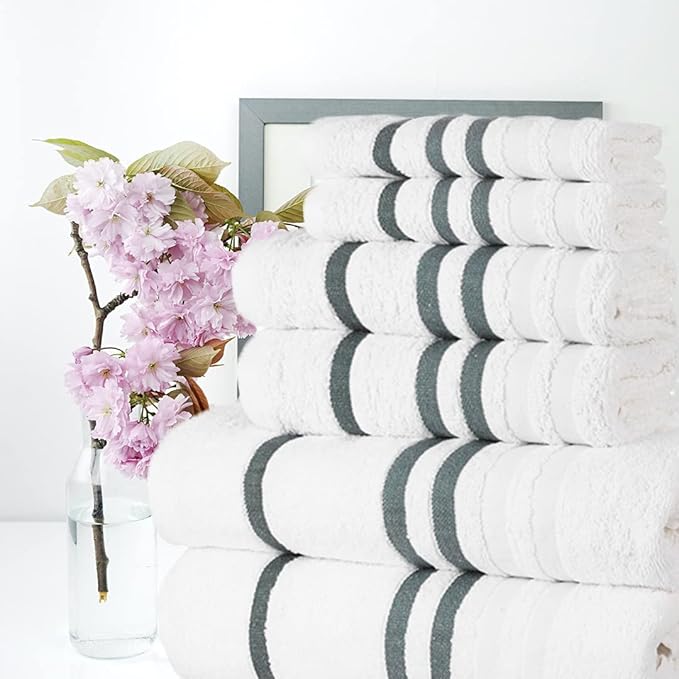 CASA COPENHAGEN Exotic Designed in Denmark 525 GSM Hotel & Spa Kitchen & Bath Set of 6 Egyptian Cotton Towels - 2 Bath Towels, 2 Hand Towels, 2 Washcloths - White