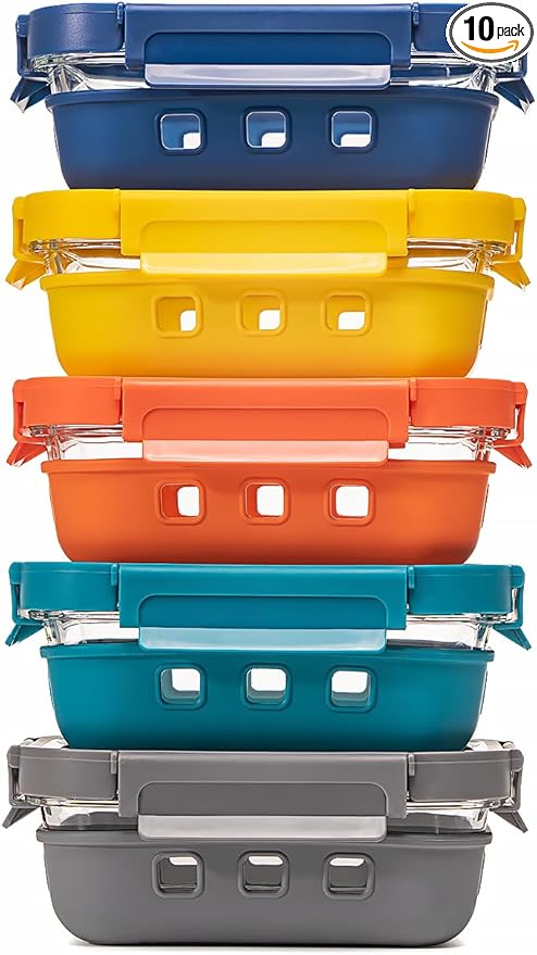 Glass Food Storage Containers With Glass Lids Bento Box Set Lunch Box Eco Friendly Meal Prep Containers Airtight – Plastic Free, Silicon Sleeve Bpa Free 4.4cup/ 5 * 1050ml