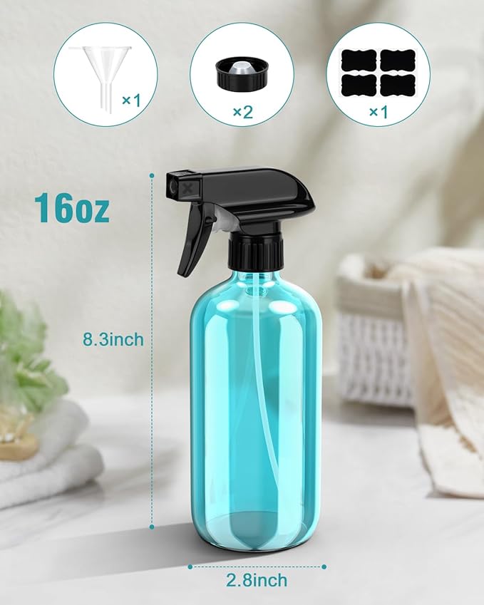 Glass Spray Bottle, Light Blue Glass Spray Bottle Set & Accessories Refillable for Plants Window Cleaners Aromatherapy Facial hydration Watering Flowers Hair Care (2 Pack/16oz) (Light Blue)