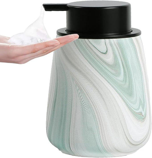 12Oz Foam Hand Soap Dispenser - Modern Ceramic Foaming Soap Dispenser with Easy-to-Press Pump, Reusable and Refillable Liquid Dish Soap Dispensers for Bathroom & Kitchen, Marble Green