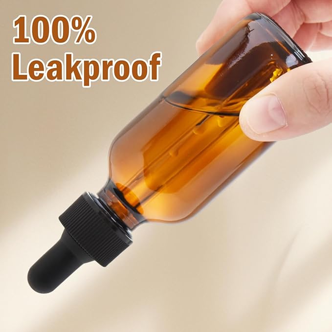 June Fox 2oz Glass Dropper Bottle, 80 Pack Amber Glass Bottles with Glass Droppers and Black cap for Essential Oils, Lab Chemicals, Perfumes