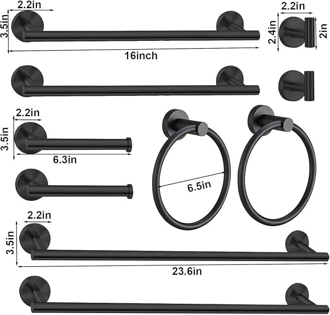 10Pcs Bath Towel Bar Set, Includes 23.6 & 16 Inch Towel Bars, Hooks, Rings & Toilet Paper Holder - Black