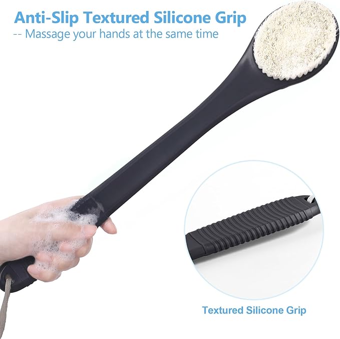17-Inch Back Scrubber for Shower, Anti-Slip Exfoliating Body Brush for Bath, Gentle Back Brush for Shower for Men, and Women, Cleaning Skin for Smooth, Glowing Skin (Black)