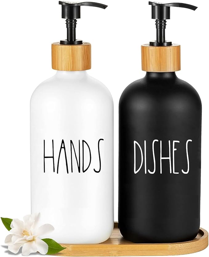 Arktek Glass Soap Dispenser Set with Tray, 2 Pack Hand and Dish Soap Dispenser Set for Bathroom and Kitchen Bottle Dispenser with Dish Soap, Hand Soap, Lotion 17 Oz (Black & White)