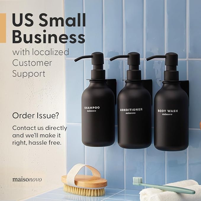 MaisoNovo Refillable Shampoo and Conditioner Bottles | 16.9 fl oz Set of 3 Amber Plastic Bottles Black Pumps