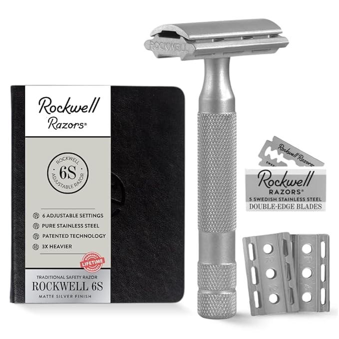 Rockwell Razors 6S Matte Stainless Steel Safety Razor. Adjustable Single Blade Razor With 6 Shave Settings and 5 Recyclable Blades. Custom Shaves For Men and Women. Reduces Razor Burn and Irritation.