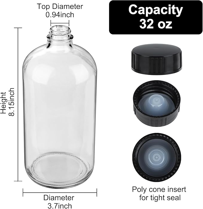 4 Pack 32 oz Clear Boston Round Glass Bottles with Black Caps for Secondary Kombucha Fermentation and Lab Chemicals (1 Funnel and 10 Pieces Black Chalkboard Labels Included)