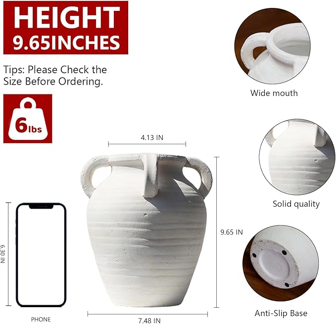 Rustic White Ceramic Vase, Wide Mouth Terracotta, Antique Decorative Flower Vase with 4 Handles, 9.7 in