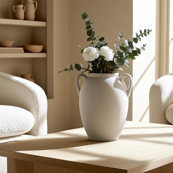 Sagebrook Home Stoneware Vase with Handles - Textured Decorative Pottery for Home & Office - Modern Rustic Accent for Living Room, Bedroom, or Table Centerpiece - 10" White