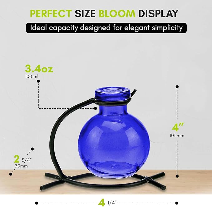 Couronne Company M501-200-15 Casablanca Recycled Glass Vase & Metal Stand, 4", Cobalt Blue, 1 Piece