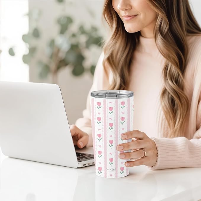 SANDJEST Tulip Tumbler 20oz, Stainless Steel Travel Cup with Lid, Insulated Coffee Mug, Tulip Gifts for Women Girls Friends Sisters on Birthday Christmas