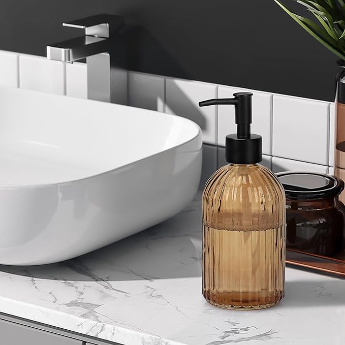 Glass Soap Dispenser with Plastic Pump, Hand Soap Dispenser for Hand Wash, Lotion Dispenser for Dishwashing Liquid, Lotion Shower Gel (Striped Brown)