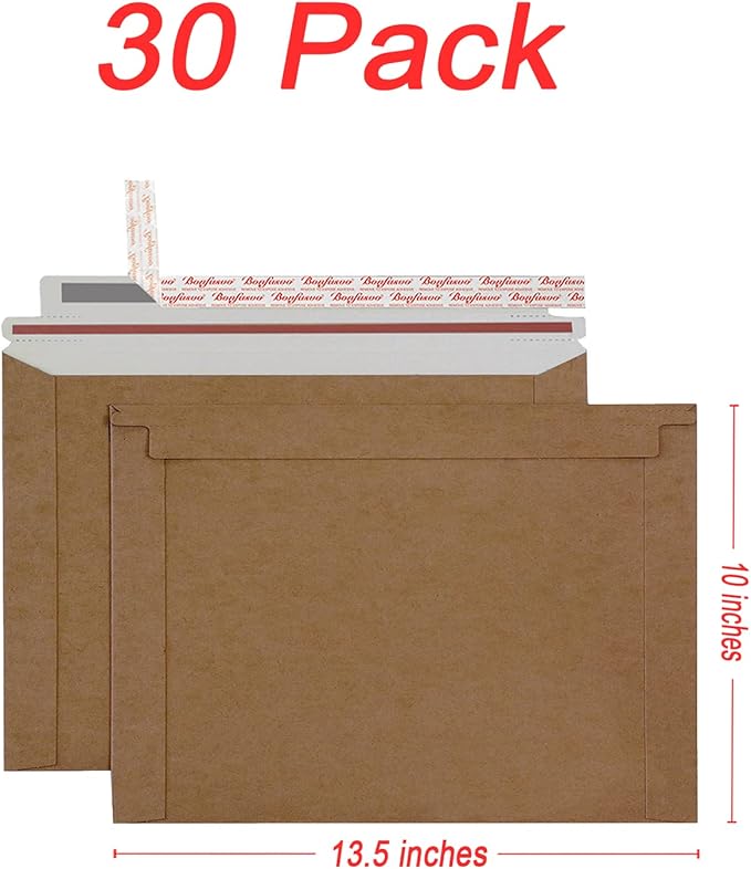 Rigid Mailers 30 Pack 10 x 13.5 inches Brown Self Seal Stay Flat Bulk Cardboard Kraft No Bend Mailers Peel and Seal for Document Photos Pictures Papers Files CD