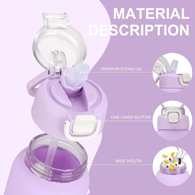 24 oz Glass Water Bottles with 2 Lids-Handle Spout Lid & Straw Lid, Motivational Water Bottle with Time Marker and Silicone Sleeve,Leakproof-Purple-1 Pack