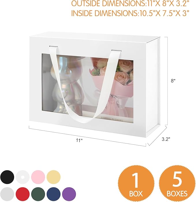 5 White Gift Boxes with Windows, Gift Boxes with Lids and Handles, Clear Magnetic Gift Boxes for Presents, Bridesmaid Proposal Boxes (10.5x7.5x3 Inches