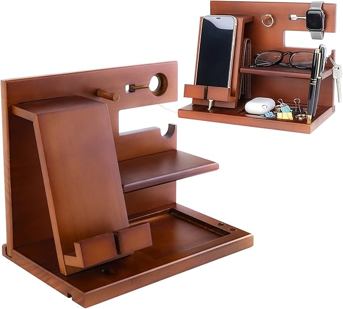 awofer Wood Phone Docking Station Nightstand Organizer for Men - Key Holder Wallet Stand iWatch Organizer Ring Hanging - Gadgets Gifts for Husband Boyfriend Dad Son Birthday Anniversary Fathers Day