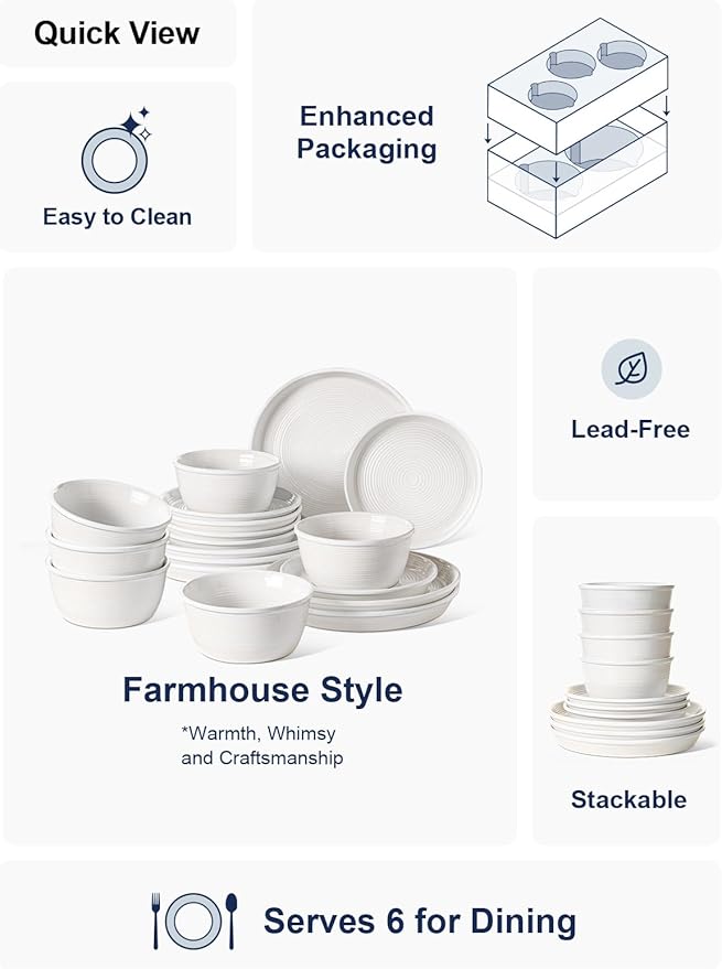 LE TAUCI Dishes Set for 6, Stoneware Plates and Bowls Set, 10" Dinner & 8" Salad Plates, 6" Bowls, Stackable, Microwave & Dishwasher Safe Ceramic Dinnerware, 18-Piece, White