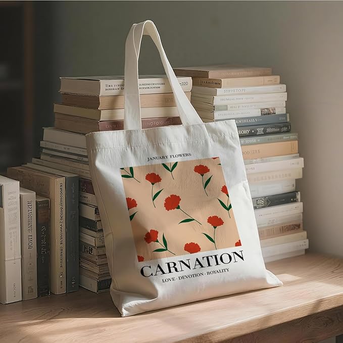 Flower Canvas Tote Bag, Carnation Printing Reusable Shoulder Bags, Gifts to Friends and Family, Holiday Gift Bags for Wrap Storage, Casual Canvas Totes for Work Traveling