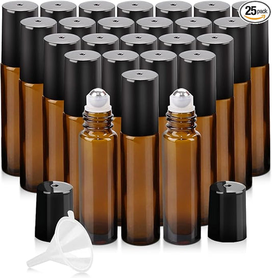 25 Pack Essential Oil Roller Bottles, 10ml Refillable Amber Glass Roller Bottles with Stainless Steel Roller Balls and Caps for Travel, Perfume and Lip Gloss