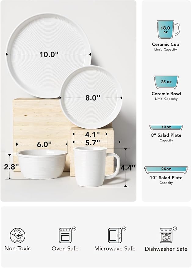 LE TAUCI Dishes Set with Mugs for 4, Stoneware Plates and Bowls Set, 10" Dinner & 8" Salad Plates, 6" Bowls, 18 oz Cups, Stackable, Microwave & Dishwasher Safe Ceramic Dinnerware, 16-Piece, White