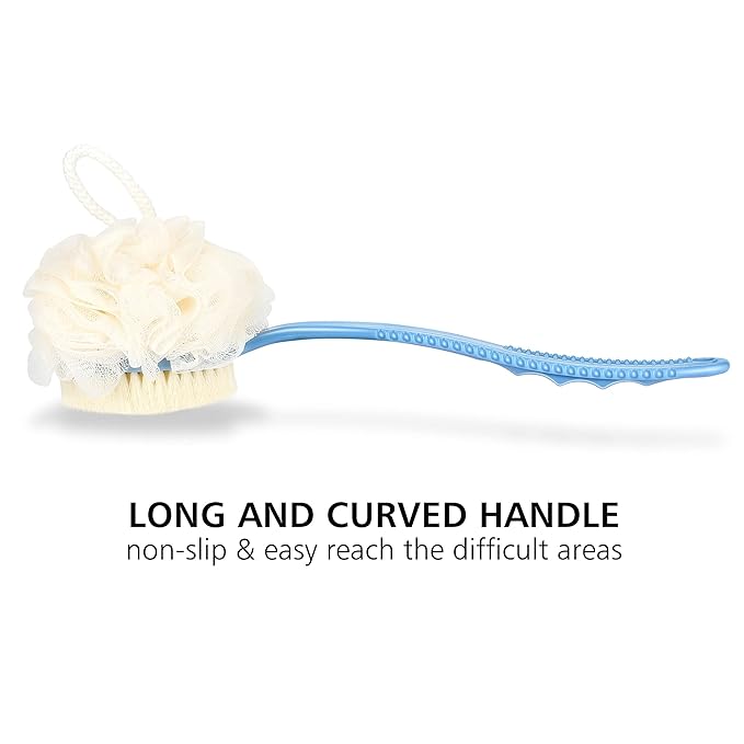 Shower Body Brush with Bristles and Loofah,Back Scrubber Bath Mesh Sponge with Curved Long Handle for Skin Exfoliating Bath, Massage Bristles Suitable for Wet or Dry, Men and Women (Grey)