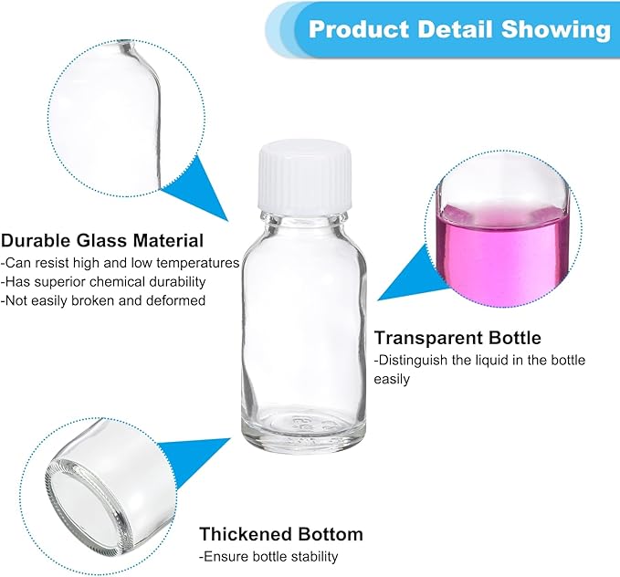 PATIKIL 0.5oz(15ml) Glass Sample Bottles, 24Pcs Round Bottle Dispensing Bottles with White Poly Cone Cap for Reagent Liquids, Juice, Perfume Hot Sauce Ginger Shots, Transparent