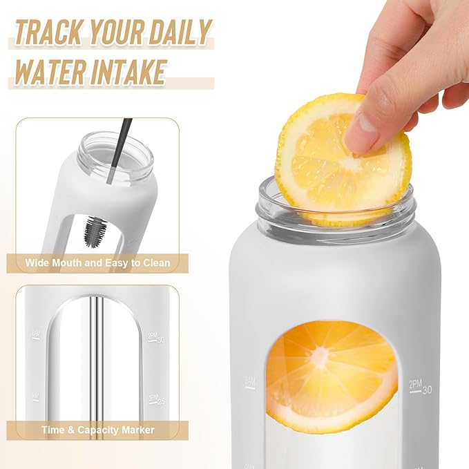 25 oz Glass Water Bottles - Motivational Tumbler Water Bottle Time Marker - Borosilicate Glass Water Bottle With Silicone Sleeve and 2 Lids, Handle Spout & Bamboo Straw Lid (White)