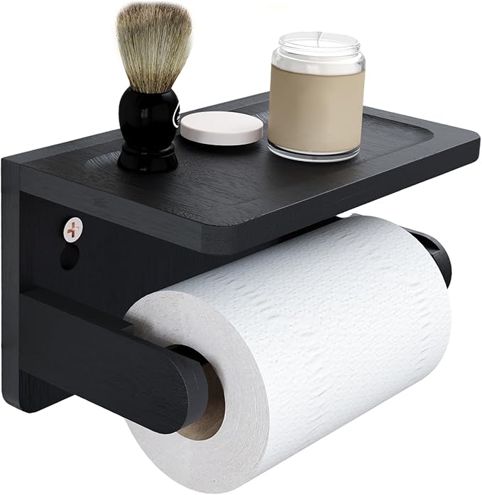 Drill-Free Toilet Paper Holder with Phone Shelf Bamboo Wall-Mounted, No-Drill & Drillable, Bathroom Storage Organizer, Space Saver Tissue Roll Rack for Bathroom, Kitchen, Home Decor (Black)