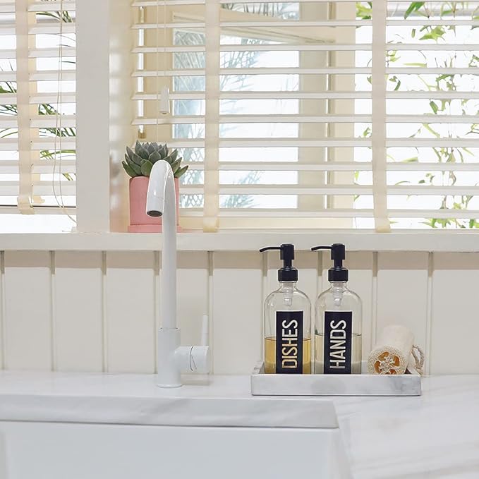 JASAI 2Pack 18OZ Glass Soap Dispenser, Black Stainless Steel Pump, Kitchen Dispenser with Classy Label, Refillable for Dishes