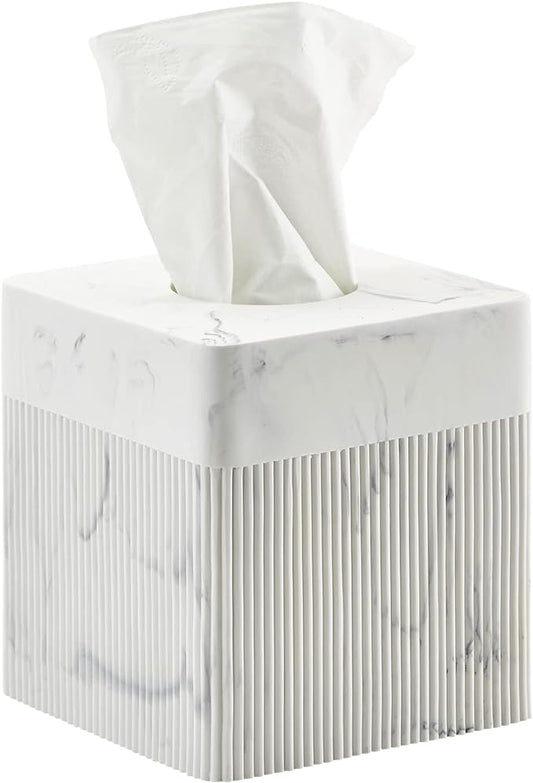 White Tissue Box Cover Square Resin Tissue Holder for Home Decor, Hand Poured Marble Ribbed Cube Tissue Box Holder – 5.5 Inch Heavy Duty Luxury Tissue Box Case for Bathroom, Living Room, Office