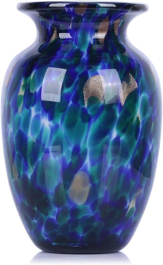 9" Cobalt Blue Blown Glass Vase – Hand Blown Wide Mouth Glass Art Sculpture, Coastal Sea Glass Decor Centerpiece, Unique Nautical Vase for Flowers, Bookshelf, Dining Room or Entryway (Blue)