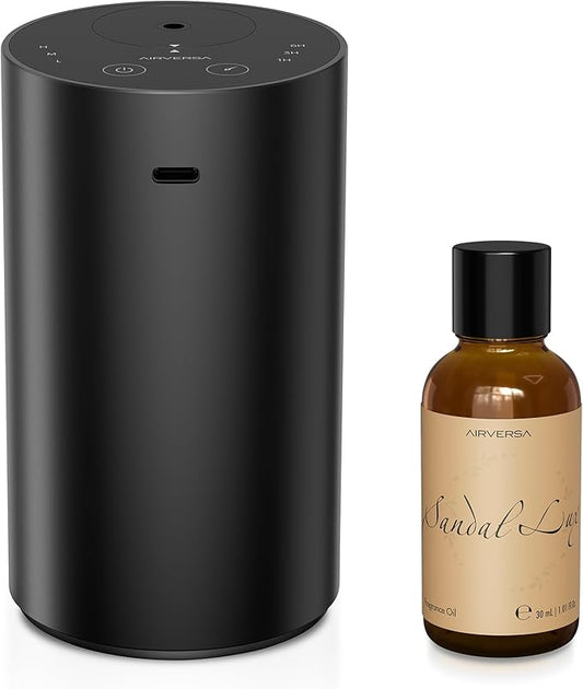 Airversa Waterless Essential Oil Diffuser Starter Kit with 30mL Sandal Lux Fragrance Oil, Battery Operated Mini Scent Air Machine Portable Diffuser for Home Car Office, Black ADX Kit
