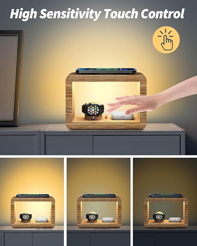 Bamboo Wireless Charging Station: 4-in-1Wireless Charger with Night Lights - Fast Charging Stand Compatible with iPhone 17/16/15/14/13/12 Pro Max/X/Xs Max/8, AirPods Pro, Watch Series