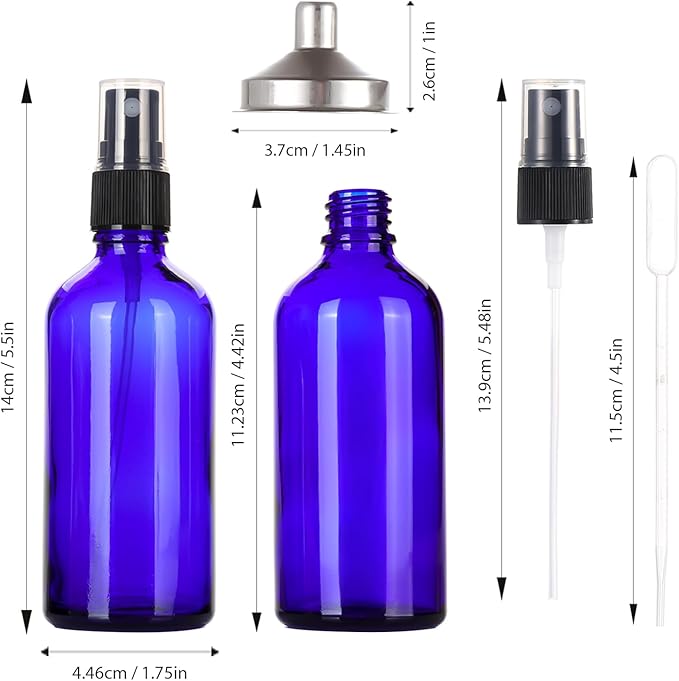 3.4 oz Glass Blue Spray Bottles,Small Empty Fine Mist Refillable Travel Spray Bottle for Cleaning,Perfume,Aromatherapy,Cosmetic Sprays,Hair,Essential Oils with Fine Mist Dispenser（6 Pack）