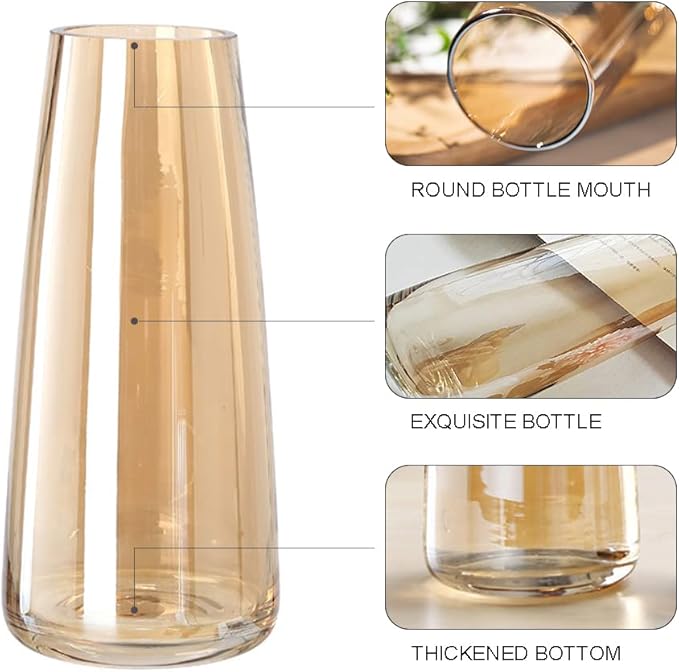 Aoderun Glass Vase for Flowers Modern Vases Home Decor Unique Flower Vase for Bouquet 8.7" Centerpiece Vase Decor Room,Bedroom,Living Room,Library,Office,Table,Entryway,Modern Farmhouse(Amber)
