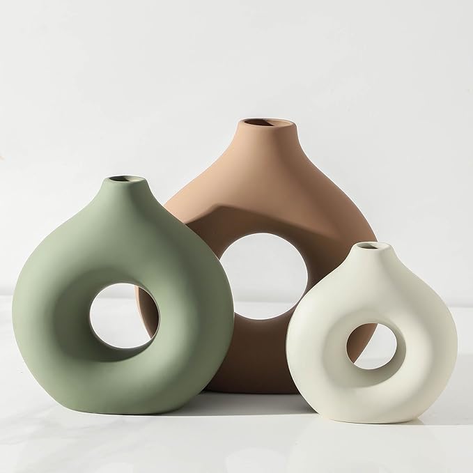 Ceramic Vase Home Table Decor - Flower Vases Set of 3 Small Living Room Centerpiece Decorations for Shelf Bedroom Office Kitchen Dining Desk Modern Aesthetic Farmhouse Decorative (Brown)